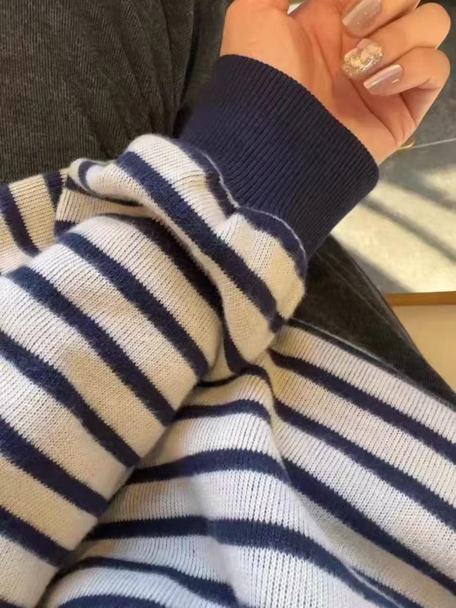 复古港味条纹圆领针织女秋冬新款宽松学院风休闲百搭长袖上衣外套详情11