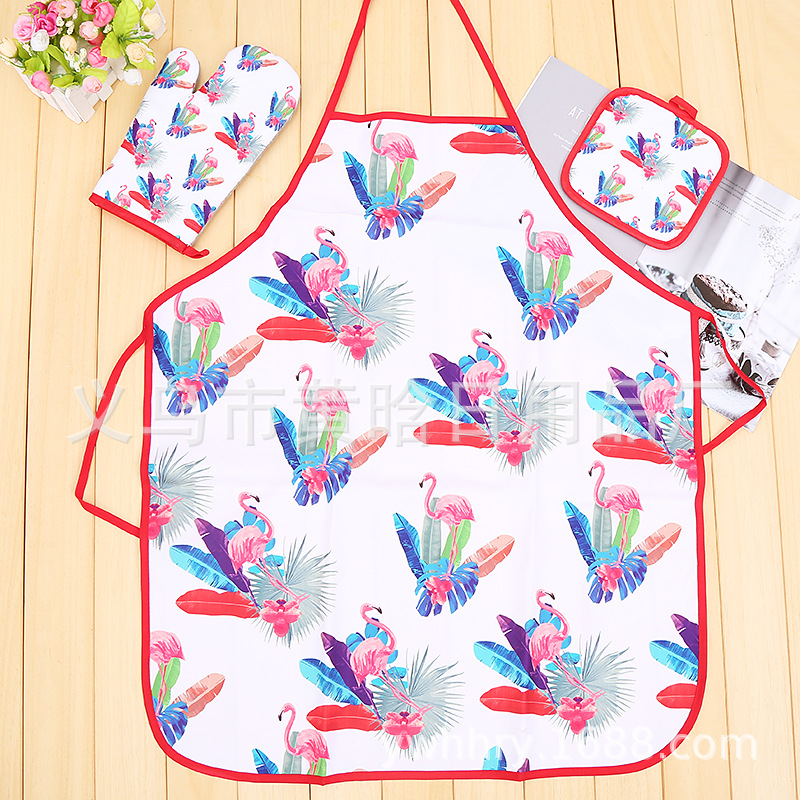 【 Chi Jia 】 Flamingo Digital Print Microwave Glove Pad Apron Three-piece Set Kitchen Oven Baking pic 1