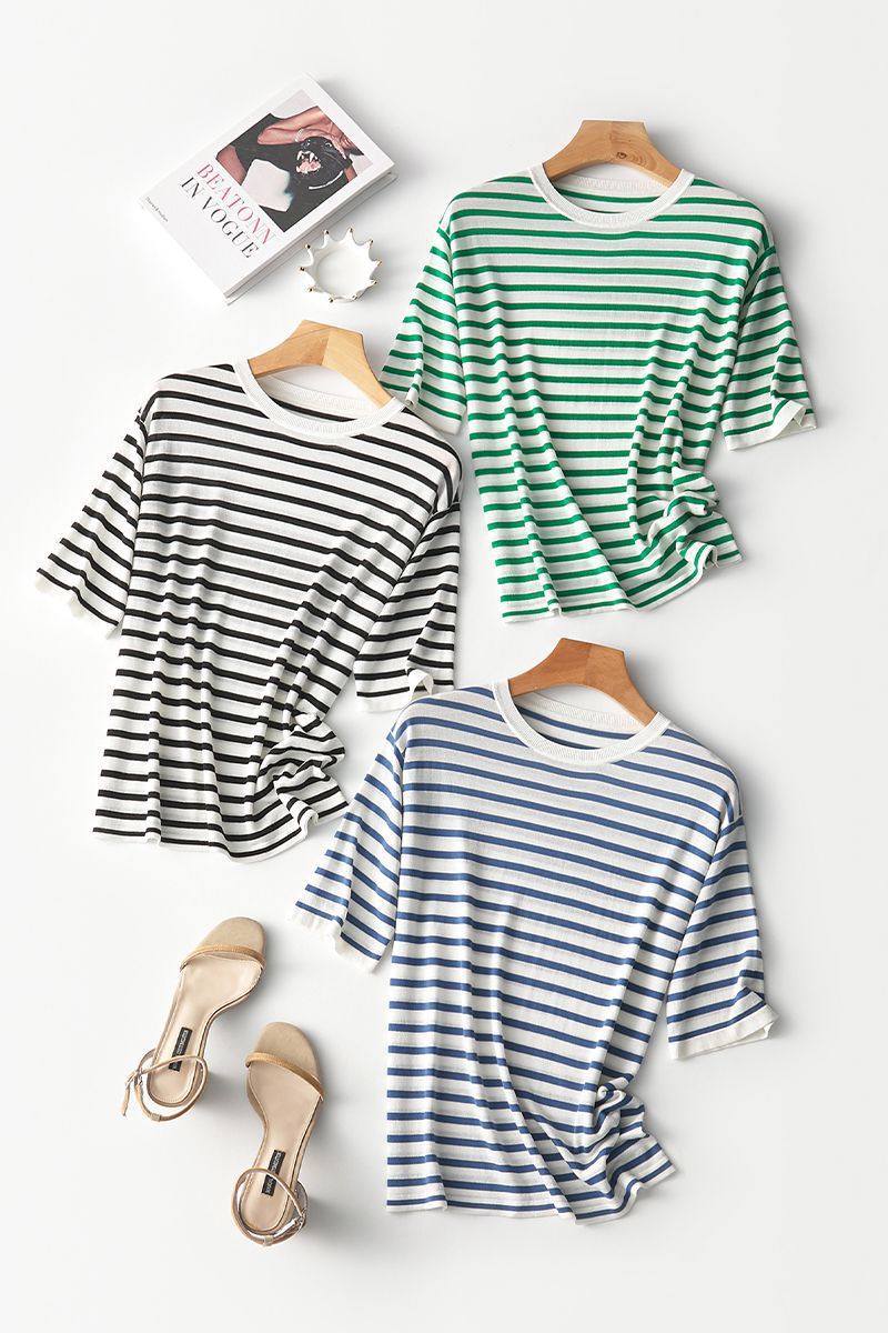 2025夏季新款时尚条纹显瘦简约圆领短袖t恤女百搭宽松套头上衣详情1