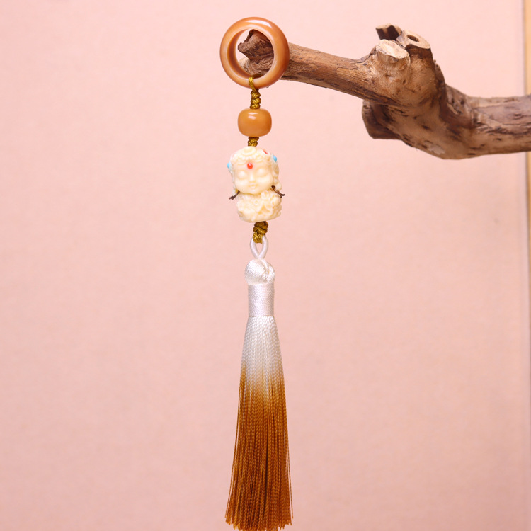 White, yellow and green Bodhi running ring pendant with tassel prayer beads pendant accessory, hand-held pendant with tassel hand-held prayer beads pendant pic 9