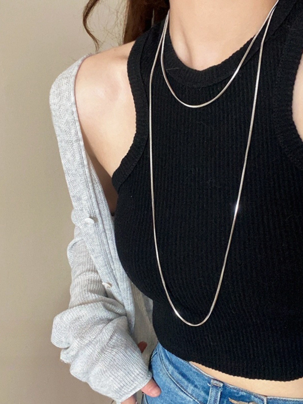 Super-long snake bone chain titanium steel three-dimensional minimalist long light luxury sweater chain double-layer layering versatile collarbone chain pic 1