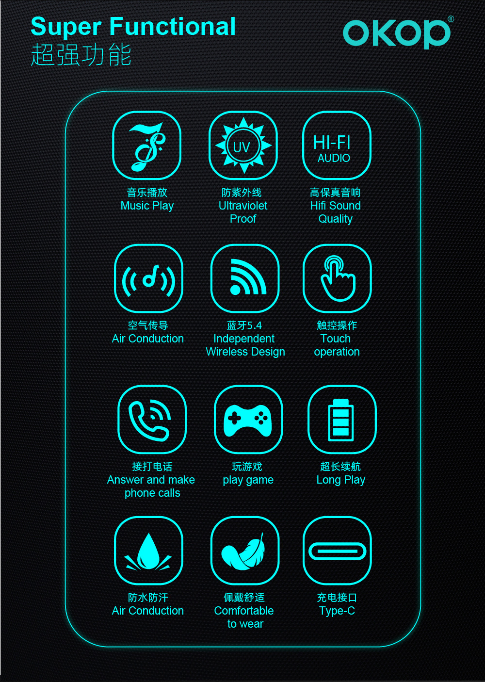 Y101智能蓝牙眼镜防水防汗蓝牙耳机语音通话防蓝光空气传导跨境详情5