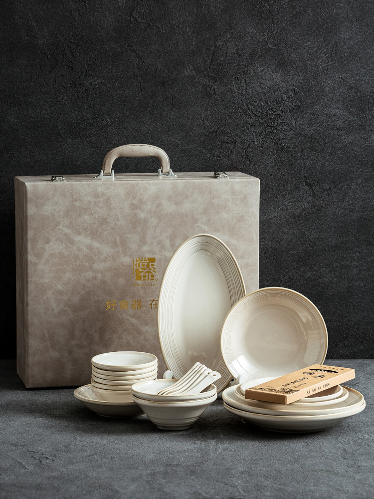 日式轻奢线纹陶瓷餐具礼盒现代简约乔迁新居送礼碗盘组合餐具批发详情4