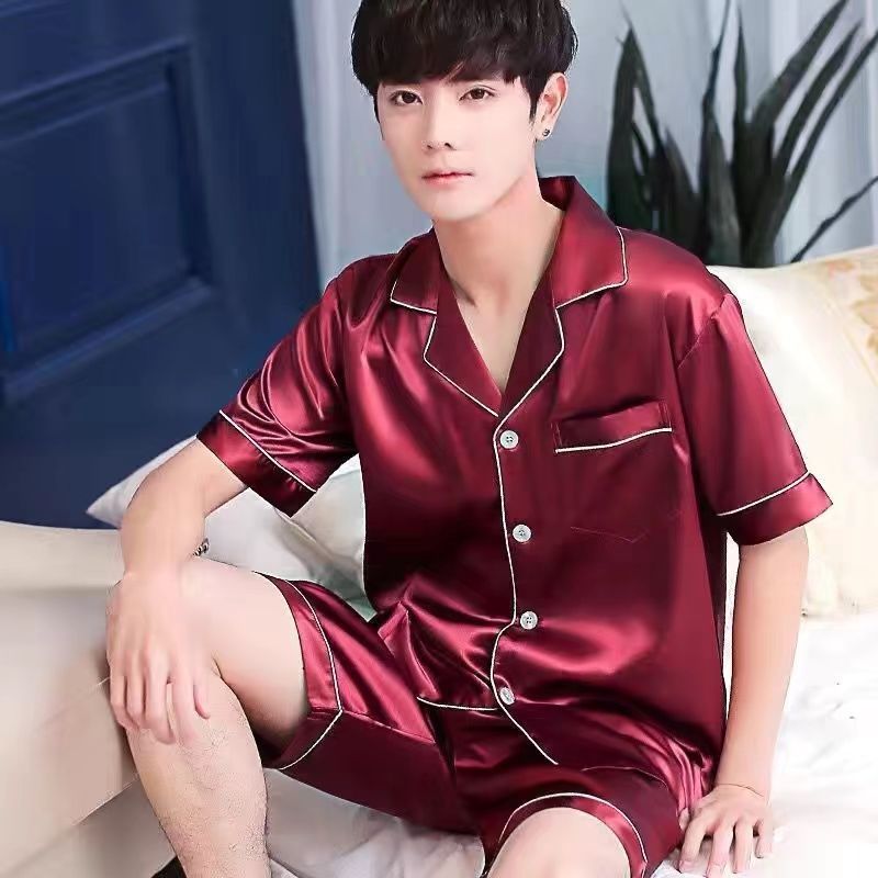 冰丝睡衣男夏季短袖长裤薄款纯色高级感仿真丝绸家居服直播两件套详情16