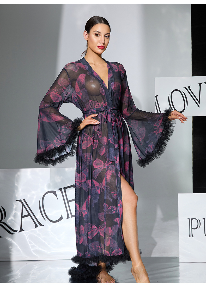 European and American large flared sleeve butterfly print mesh bathrobe, tie tassel, fringed high slit bathrobe, home wear 1119 pic 9