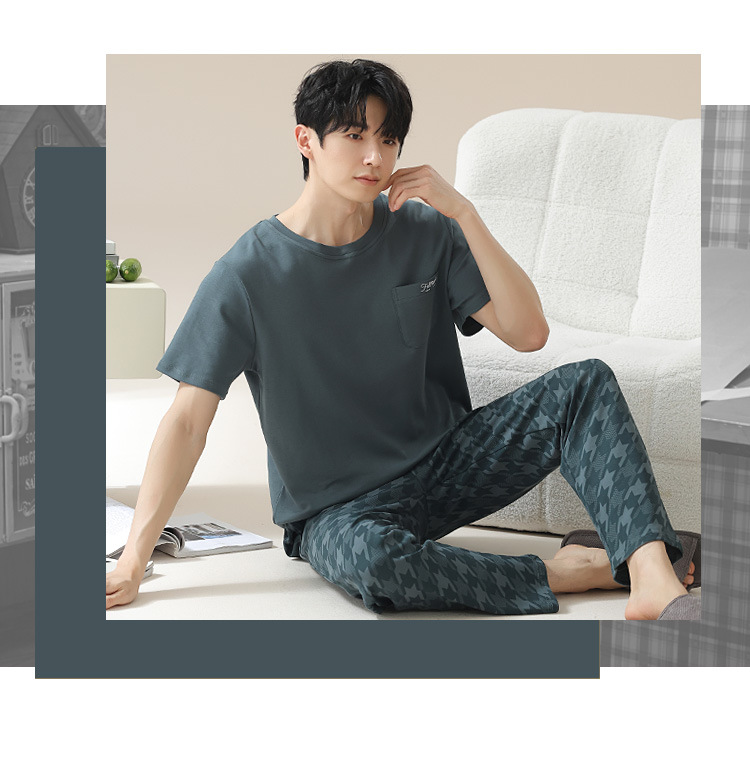 Summer pure cotton pajamas for men, cartoon casual short-sleeved shirts and long pants, pure cotton comfortable home wear, summer youth student set pic 69