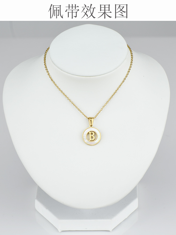 Cross-border 18K gold shell round stainless steel letter necklace, fashionable European and American titanium steel ring 26-letter pendant for women pic 13