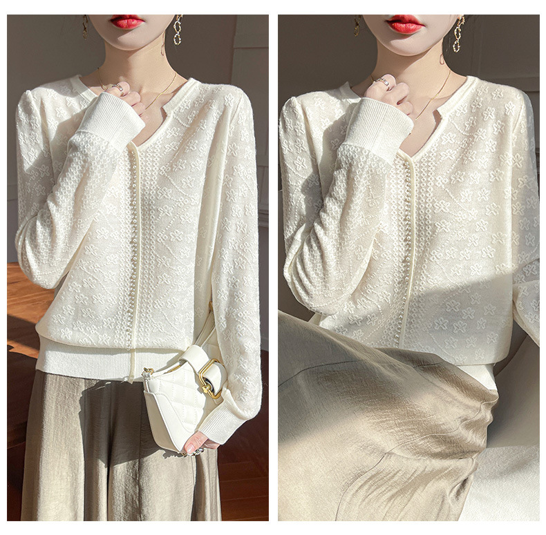 春季新款女装 精纺羊毛打底衫 气质长袖上衣 蕾丝镂空设计 珍珠扣提花针织衫 女士优雅时尚加工详情12
