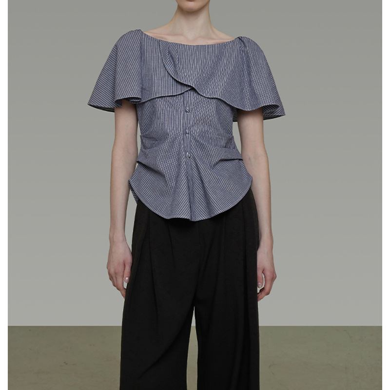 现货UNSP一字肩花边条纹短袖衬衫女2025夏季新款气质收腰显瘦上衣详情4