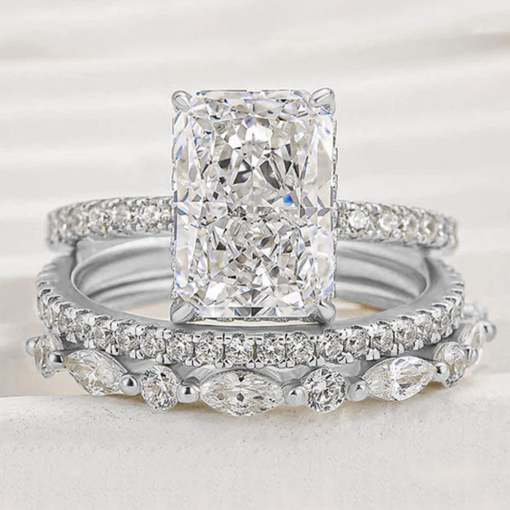 s925 sterling Silver Super Flash Ice Flower Cut Zircon ring set, high-quality cross-border luxury ins ring set from Europe and America pic 10