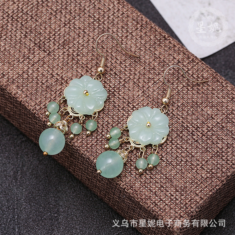 新款女民族风流苏耳环时尚潮流玉石耳坠长款气质手工耳环直播批发详情9