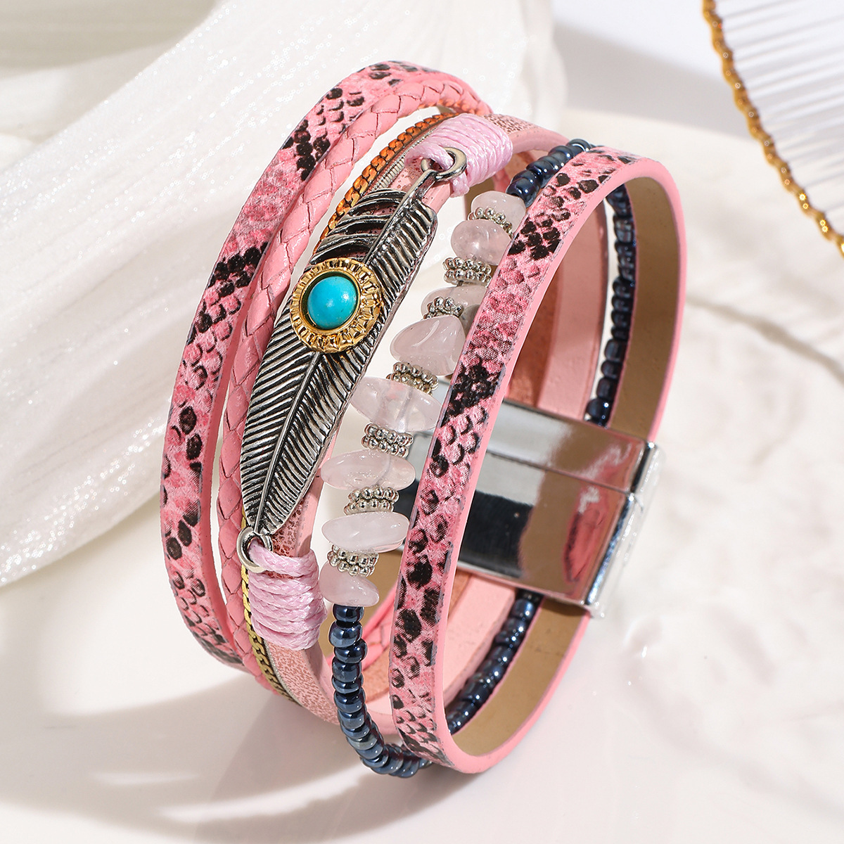 跨境翡翠波西米亚碎石羽毛手链复古绿松石磁铁扣手镯详情4