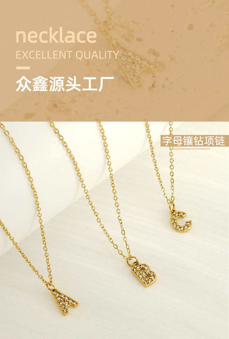 Cross-border European and American stainless steel fashion 26 English diamond-encrusted small letter necklace, simple and versatile collarbone chain in stock for women pic 11