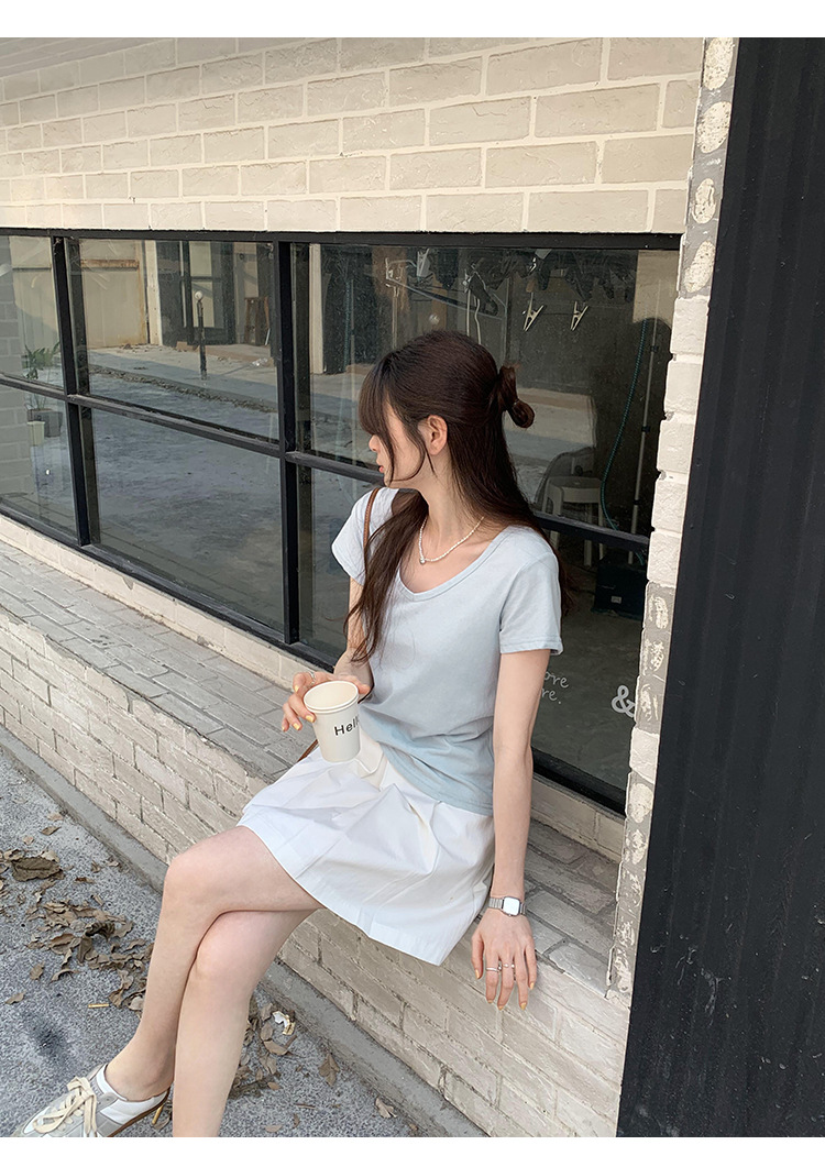 简约百搭V领纯色休闲短袖T恤女2024夏季新款轻薄透气宽松显瘦上衣详情31