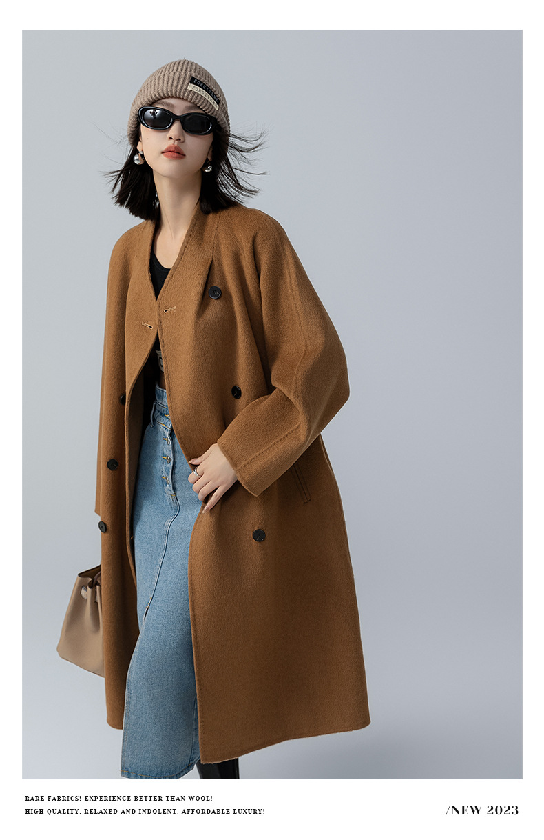 The new stand-up collar double-sided cashmere coat for women in the spring and autumn of 2025 is a long cocoon-shaped alpaca wool woolen coat. It is a popular woolen coat pic 19