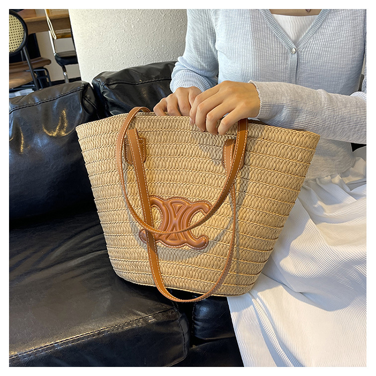 单肩草编包女士手提包大容量夏日旅游沙滩包手工编织菜篮子腋下包详情8