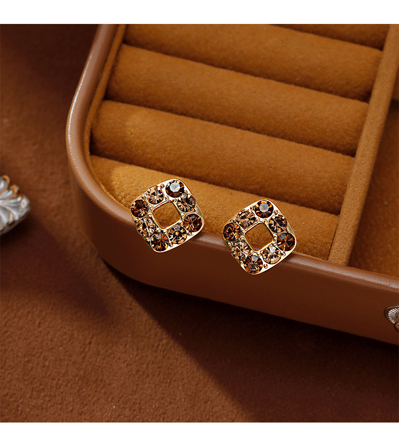 Hyacinth925 silver needle retro Hong Kong-style small stud earrings, niche design, commuting caramel-colored square earrings, elegant earrings pic 7