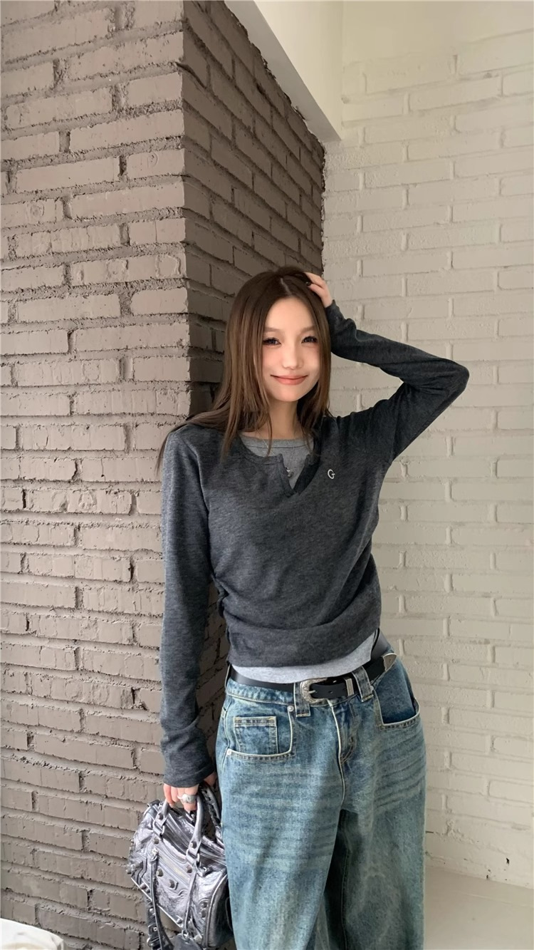 女士T恤假两件长袖T恤秋冬内搭修身显瘦打底上衣美式复古打底衫详情18