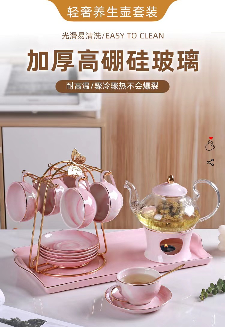 English flower teapot, candle heating, fruit teapot set, glass beauty salon teapot, ceramic afternoon tea cups pic 1