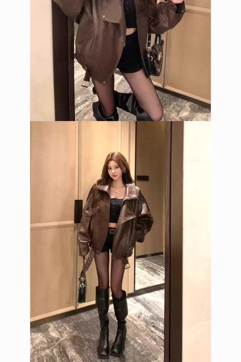 美式复古又酷又飒PU皮夹克外套女秋冬新款辣妹帅气宽松机车服上衣详情3