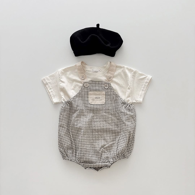 新品日韩风夏季男女儿童背带裤夏季薄款连体衣小童宝宝衣服+短袖T详情3