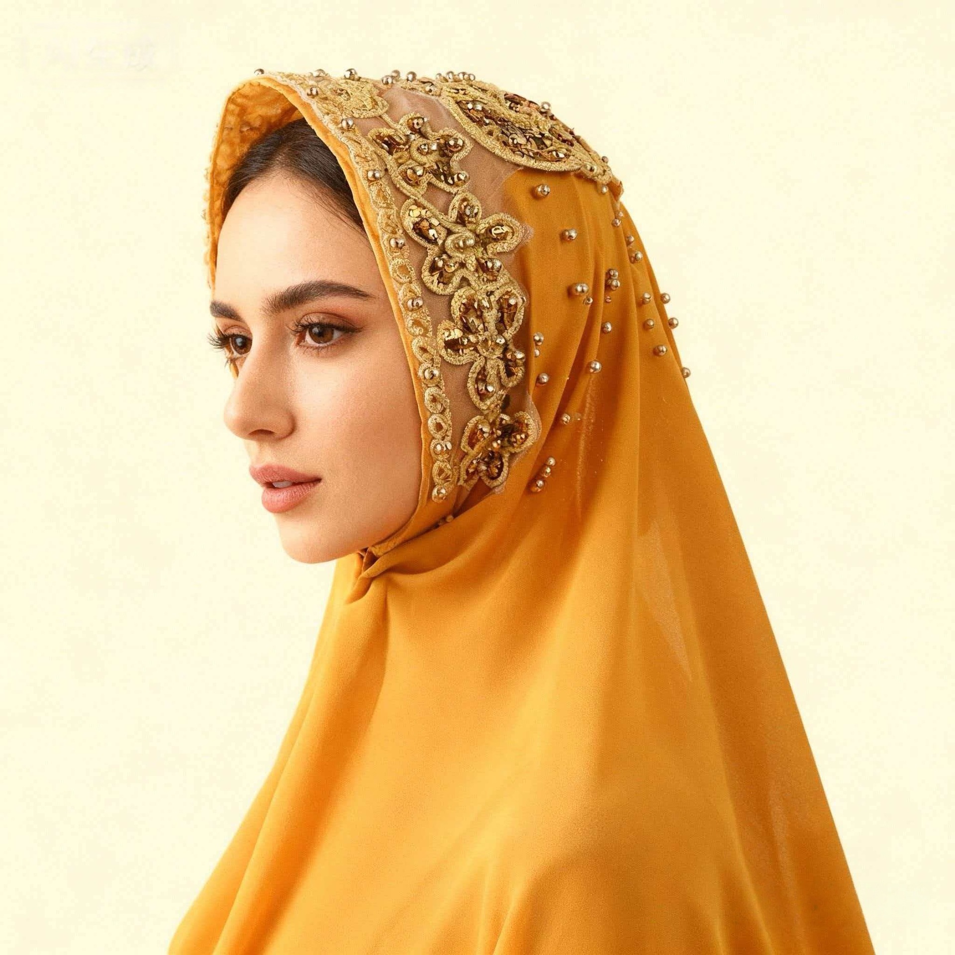 A107 New Ethnic-style headscarf, pearl chiffon, beaded long scarf, cross-border manufacturer, headscarf for export with rolled edges pic 13