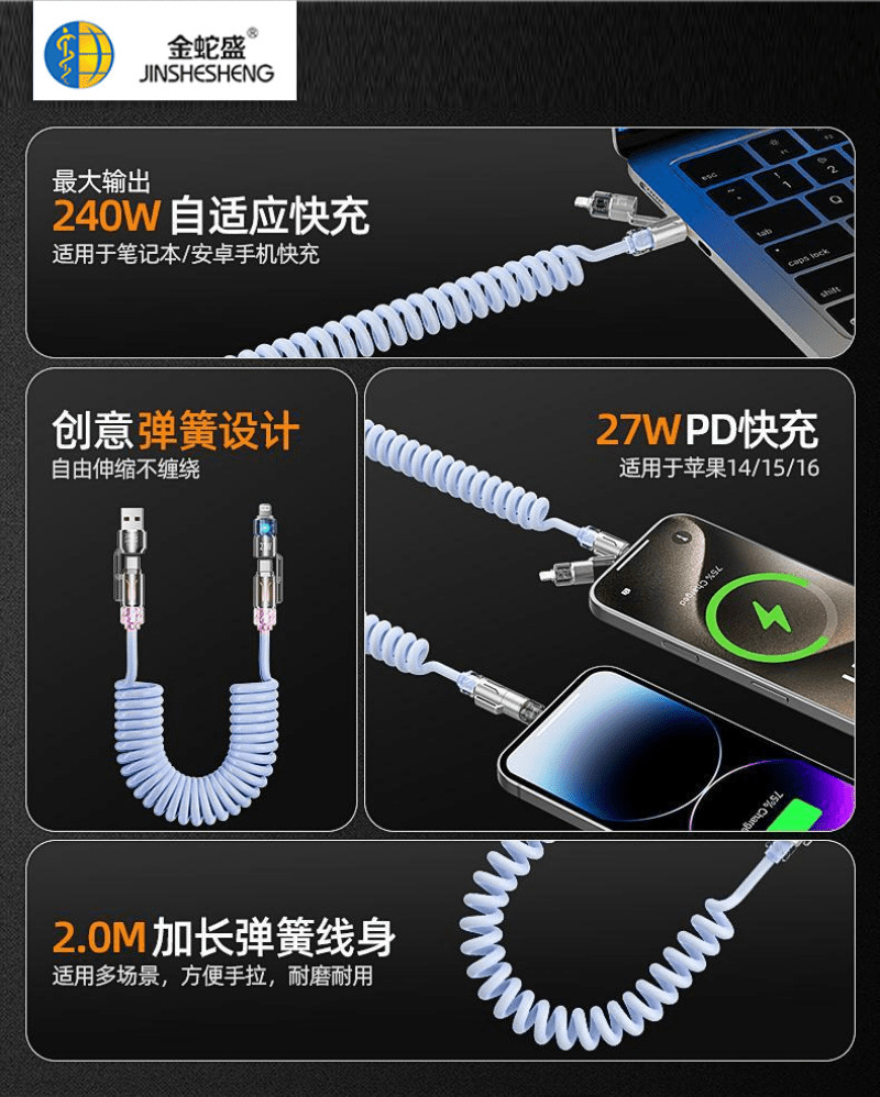 跨境新款240w四合一弹簧快充线2米长车载香薰数据线苹果安卓适用详情6