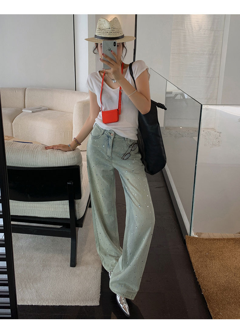 怀旧蓝牛仔高腰阔腿裤女2024春夏新款设计感烫钻时尚拖地裤详情16