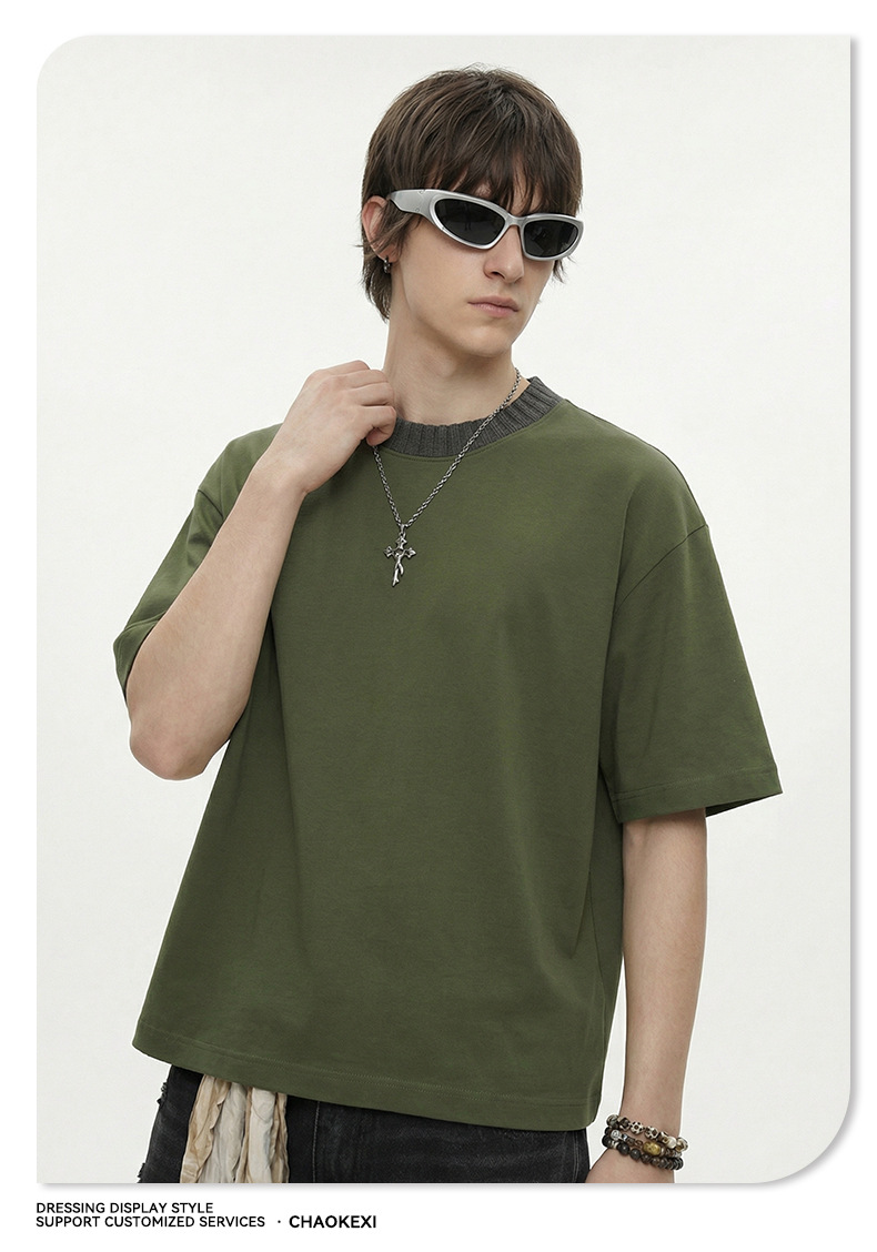 Summer new knitted patchwork color-blocking collar 100% cotton short-sleeved American trendy brand versatile short T-shirt top for men pic 18