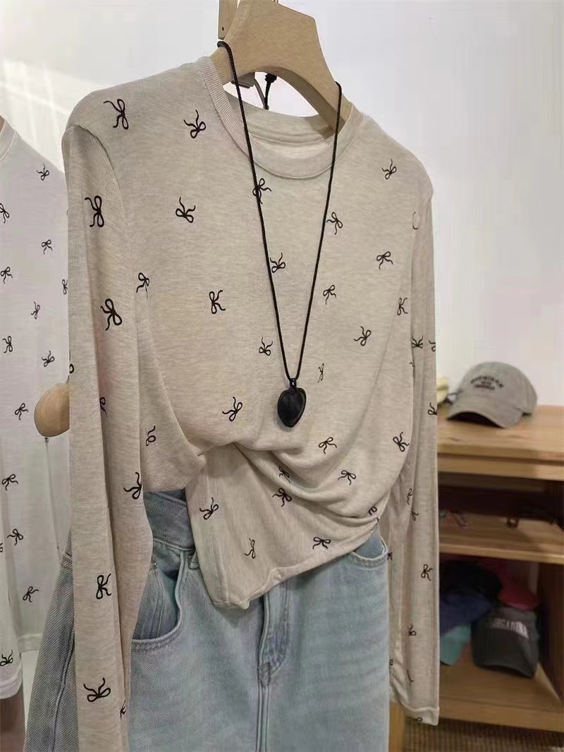 夏薄款精品天丝防晒衣设计感蝴蝶结印花罩衫长袖T恤女装一件代发详情10