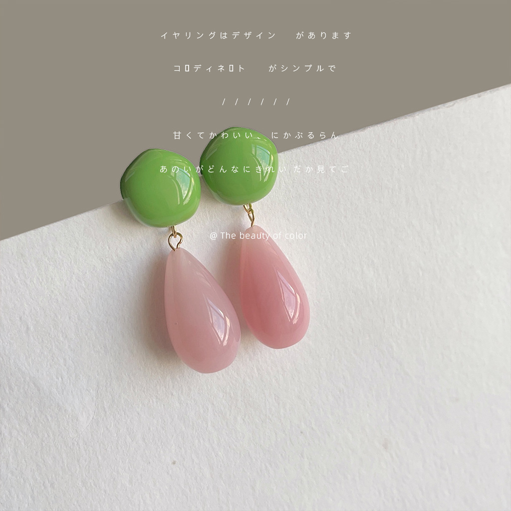 New Chinese-style teardrop-shaped color-blocking earrings, fresh peach pink and green, retro Hong Kong style, high-end, exaggerated large earrings for women pic 8
