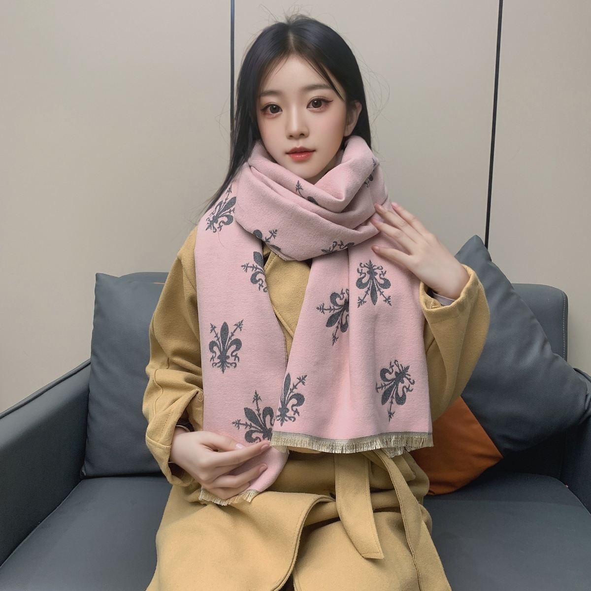 围巾女冬季欧美风格佛罗伦萨鸢尾花披肩加厚百搭双面保暖围脖保暖详情21