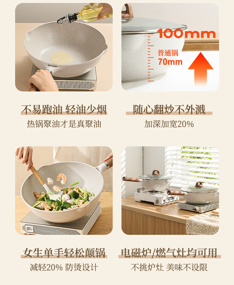 严选加厚炒锅麦饭石不粘锅炒菜锅平底锅煎鱼少油烟电磁炉锅煎蛋详情5