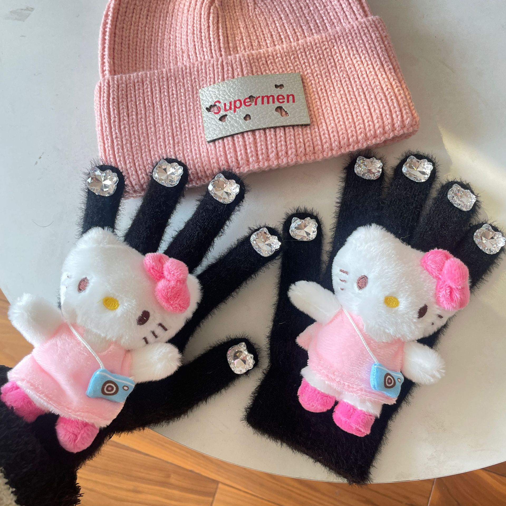 HelloKitty water diamond cute plush gloves for autumn and winter, Kitty Cat doll, warm knitted five-fingered gloves for girls pic 23