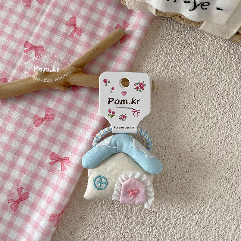 新款甜美小房子发夹儿童布艺侧边碎发刘海夹手工发饰高弹力头绳女详情13