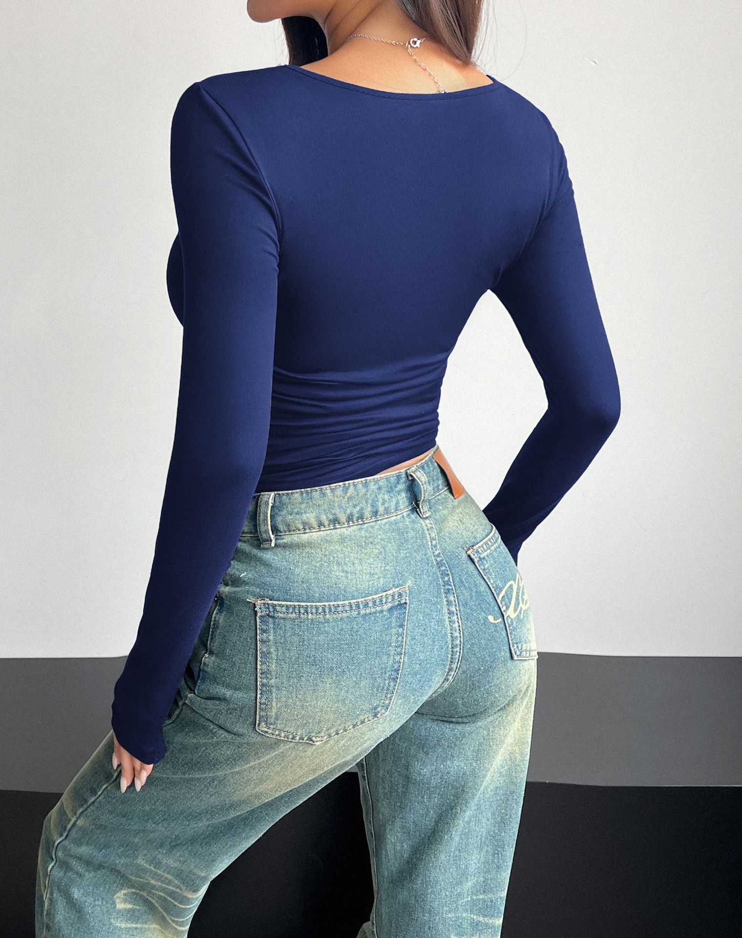 Diyun Cross-border European and American 2024 Spring/Summer Y2K new square-neck long-sleeved pullovers tight casual fashion top for women pic 34