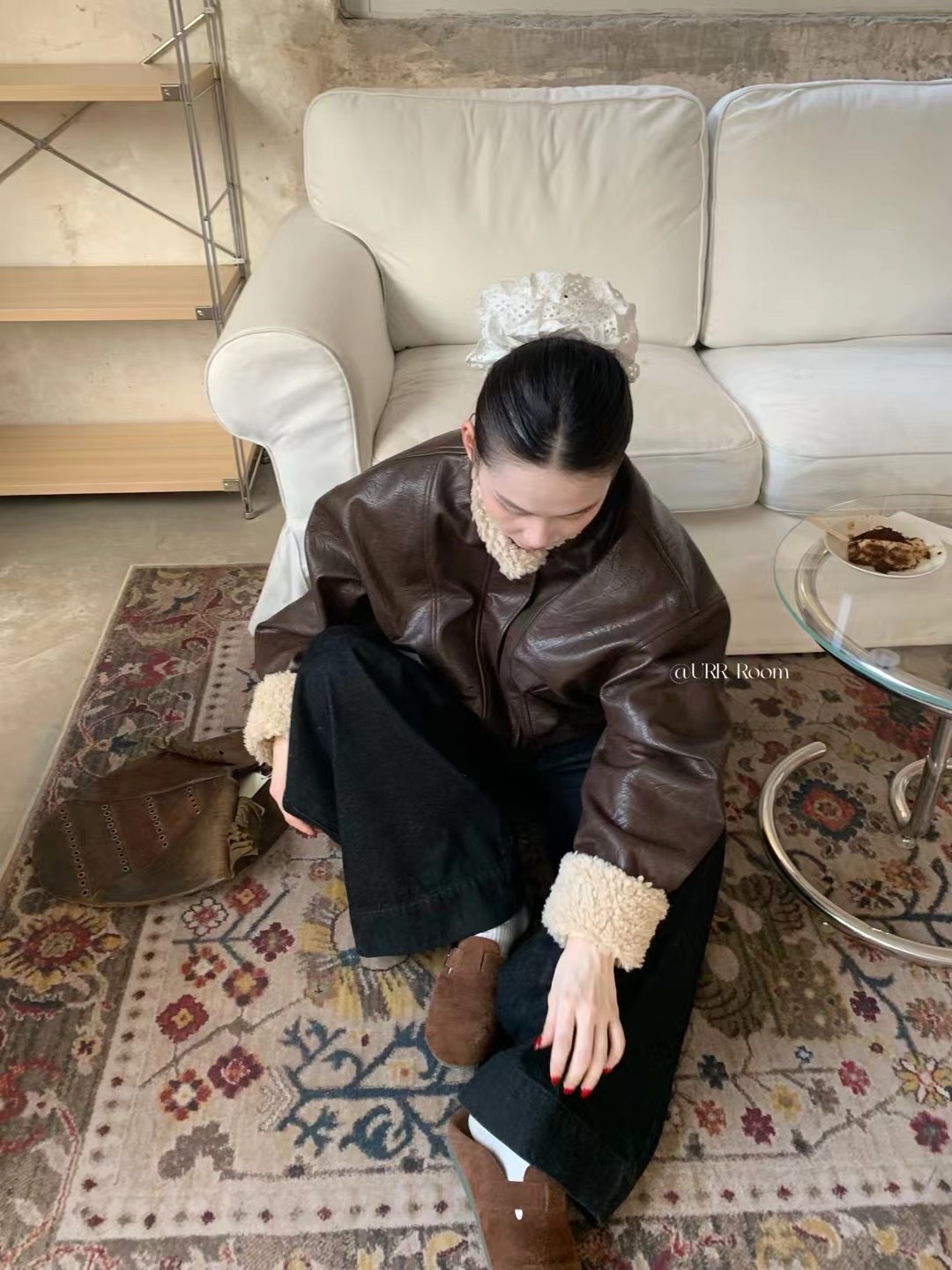 URR Room2024AW秋冬复古美式做旧廓形美拉德夹克机车皮毛一体皮衣详情6