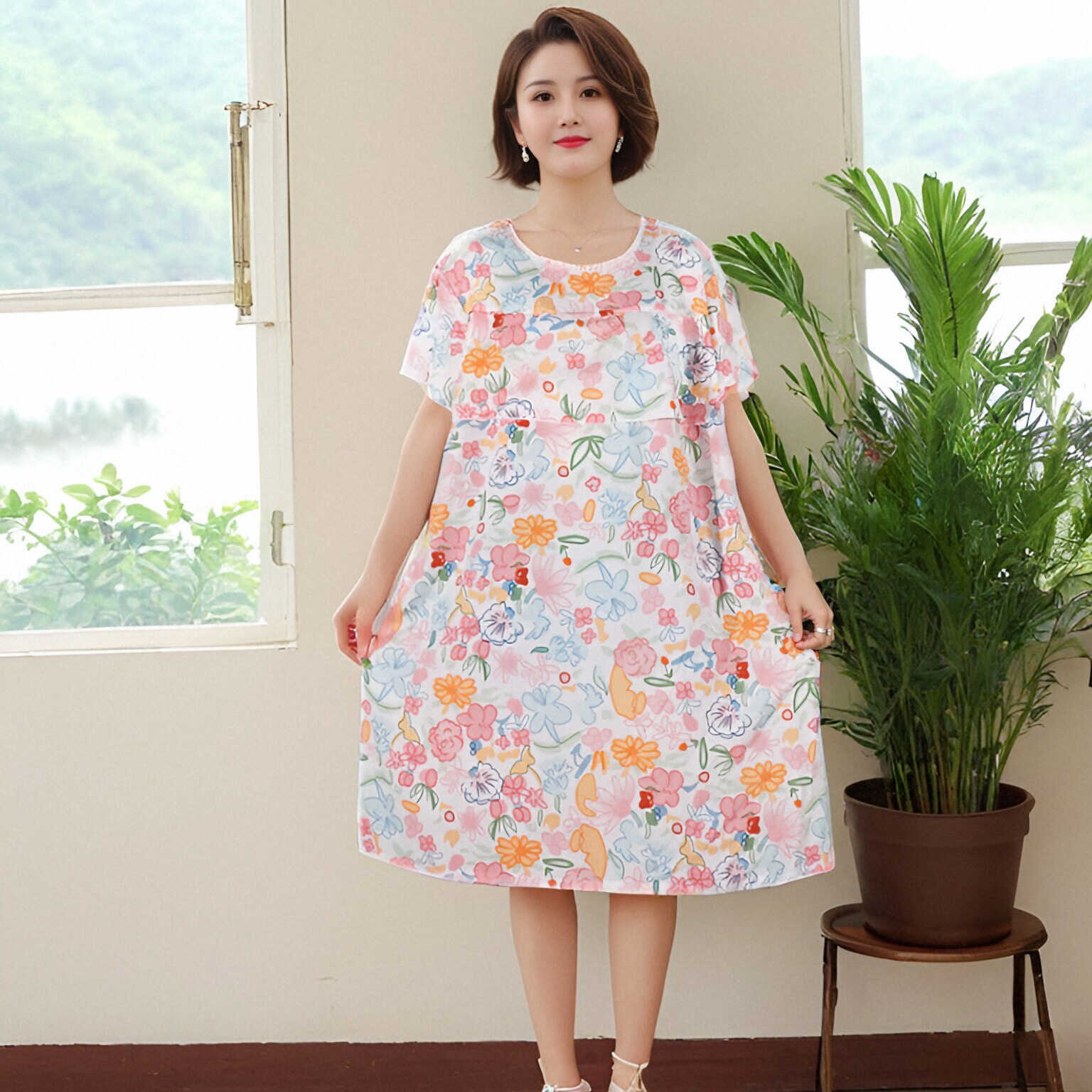 45支放凸点荷叶边碎花短袖连衣裙女夏宽松显瘦妈妈中老年减龄裙子详情2