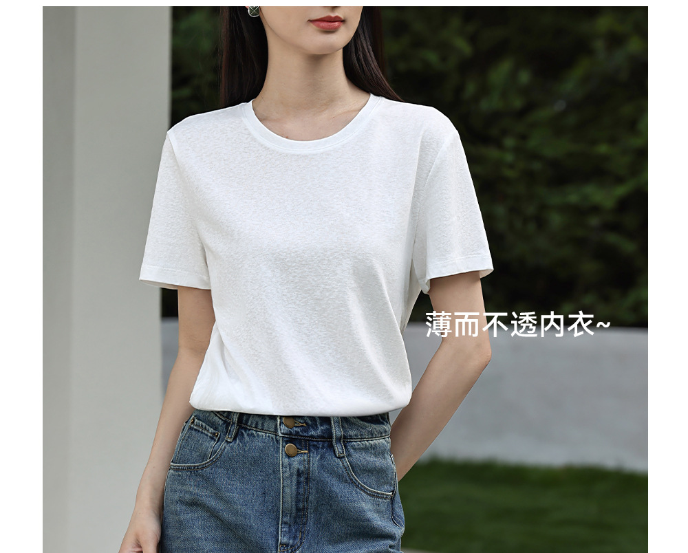 纯色棉亚麻圆领T恤女式春夏季薄款宽松上衣正肩显瘦套头休闲短袖详情5