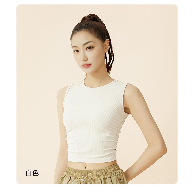 夏季瑜伽新款双侧褶皱收腰条纹运动背心女宽肩圆领防走光无袖上衣详情13
