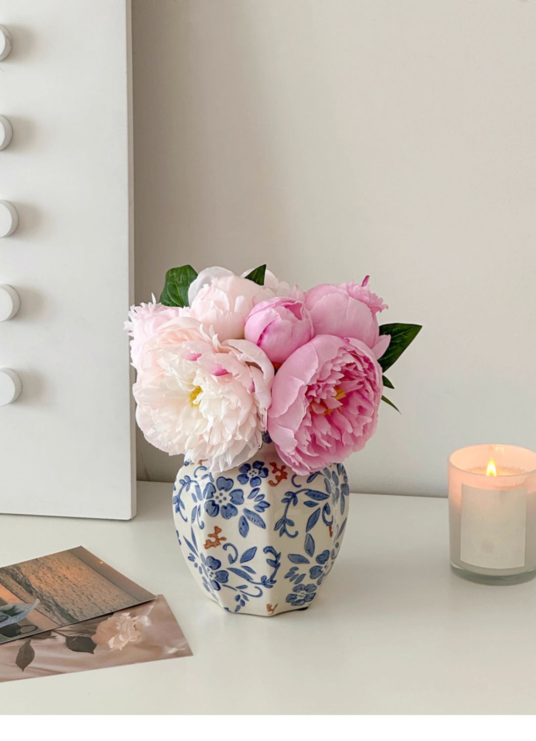 New blue and white porcelain ceramic vases, new Chinese-style ornaments, living room flower arrangements, entrance hall decorations, ancient-style simulated peonies pic 8