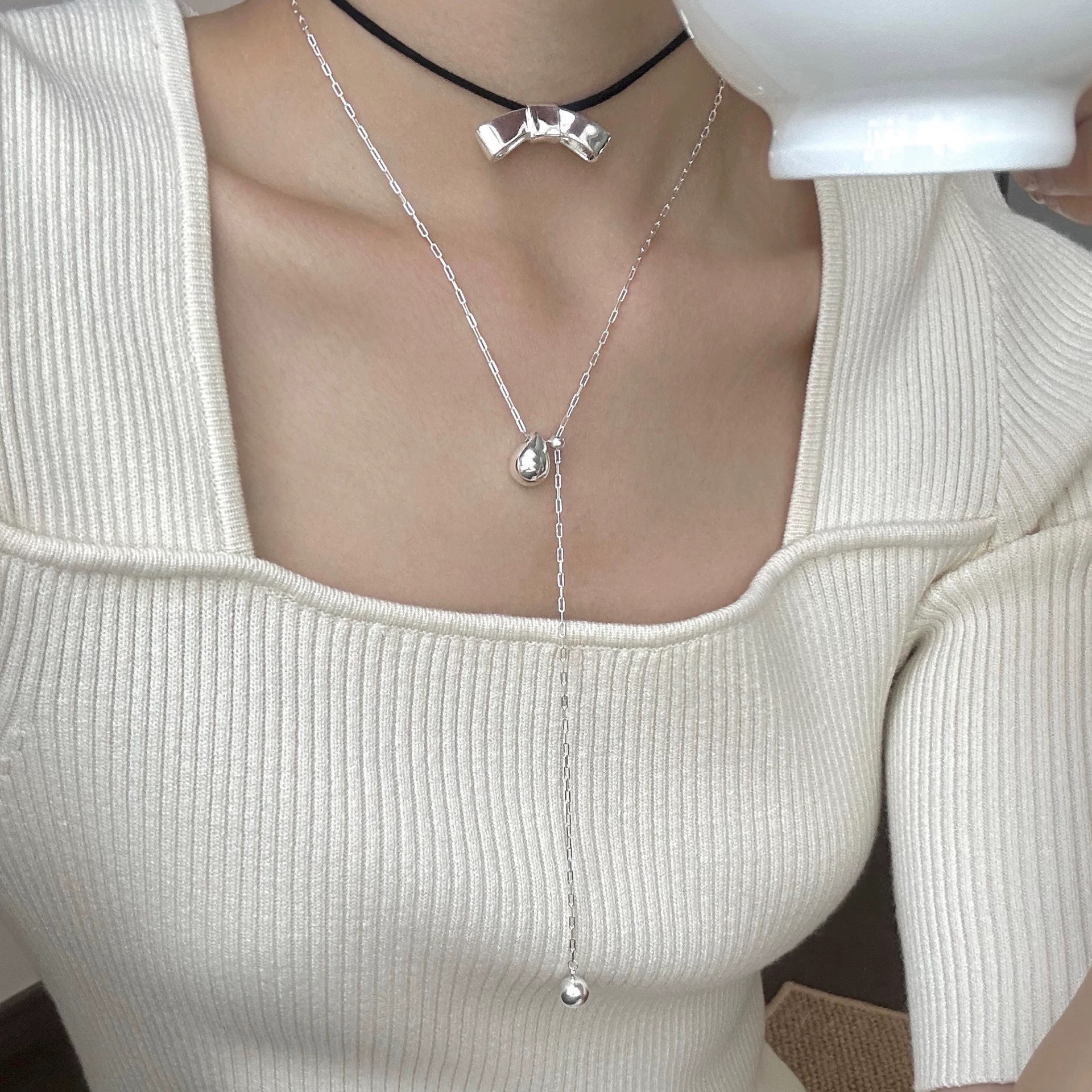 S925 sterling silver 12.8 pull-out water drop necklace, with a high-end, light luxury and niche design, simple and fashionable sweater necklace for women pic 6