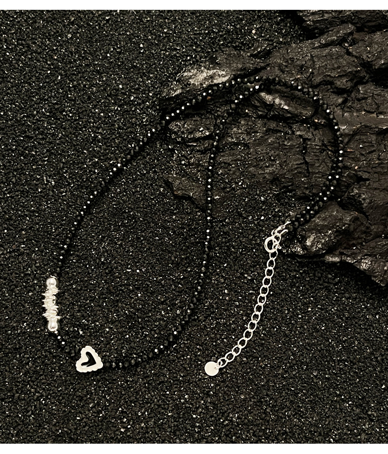 925纯银不规则黑色晶石项链女简约手工穿制爱心滴油锁骨链N1038详情15