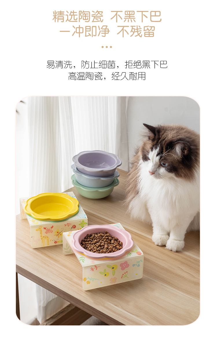 Cartoon pet bowl, acrylic stand, flower ceramic cat bowl, height-increasing dining table, single bowl stand for cats and dogs, neck guard to prevent knocking pic 8