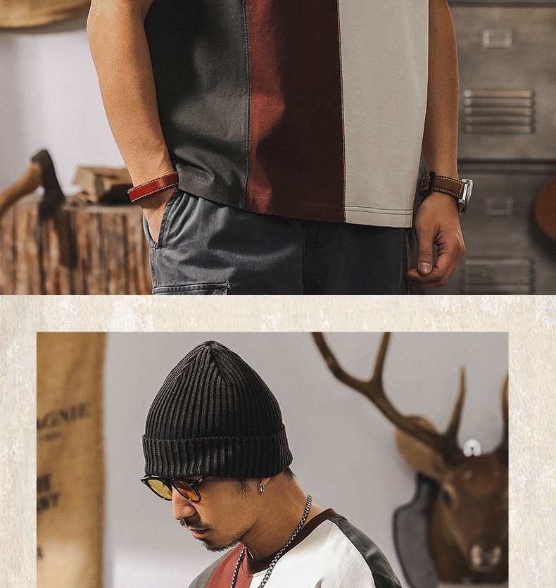 拼接撞色设计短袖男夏季2025新款美式复古重磅T恤男纯棉宽松上衣详情9