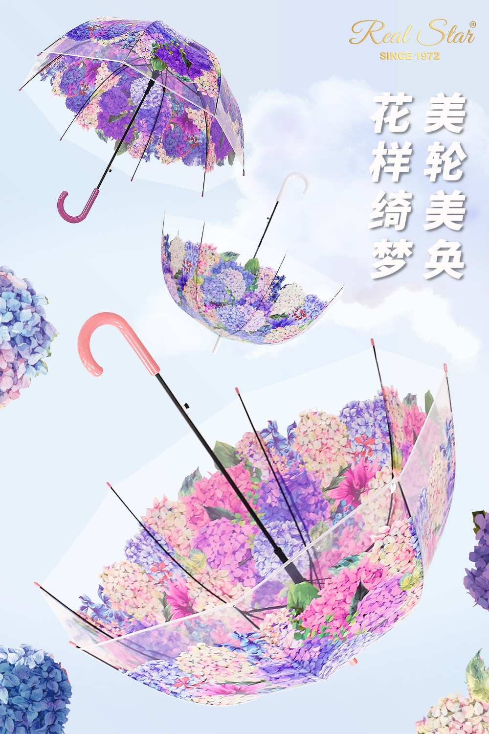 25年星宝新款成人透明伞绣球花彩色图案拱形雨伞数码印日韩清新详情3