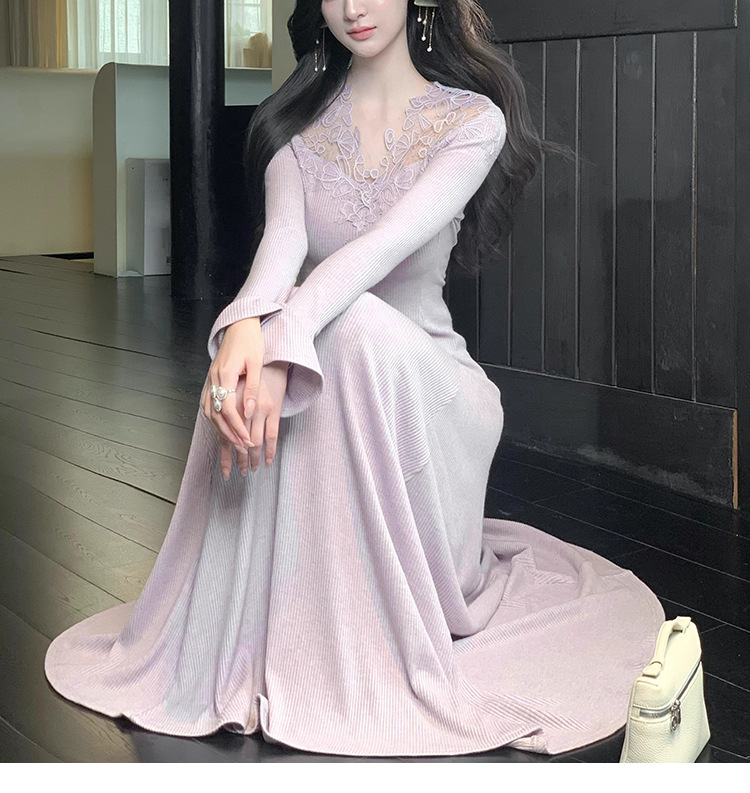 【不知雪】温柔氛围感蕾丝v领针织连衣裙腰显瘦a摆长裙详情13