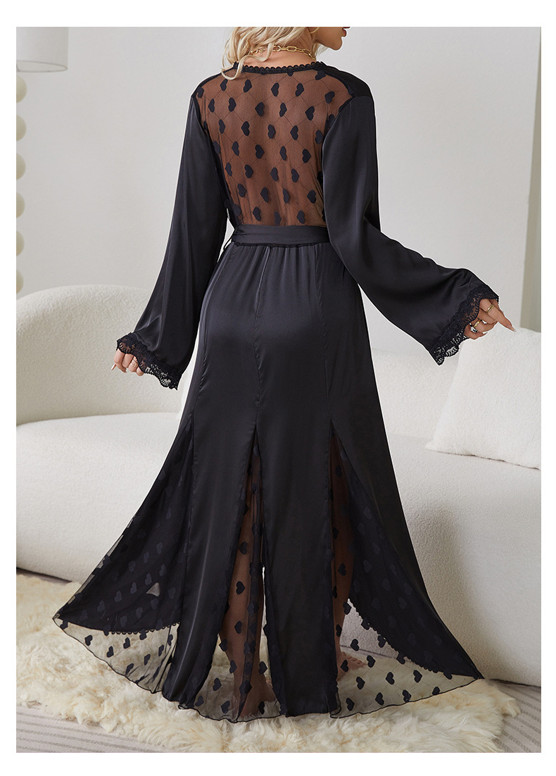 New cross-border light luxury long-sleeved V-neck satin lace patchwork long bathrobe, bathrobe and home wear for women, 657 pic 14