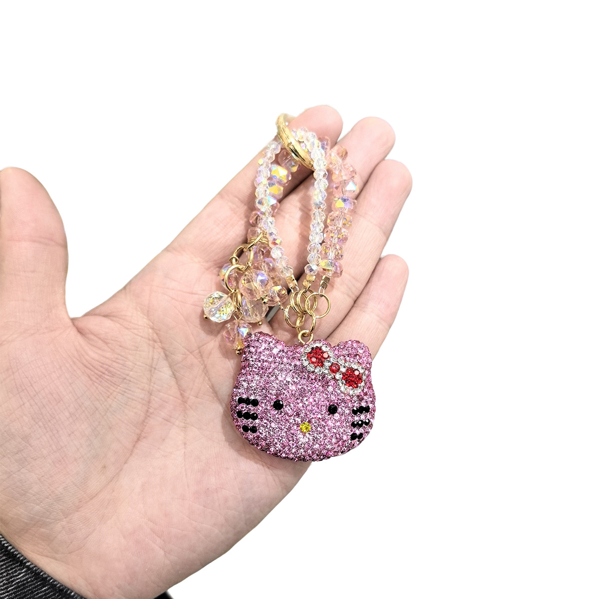 Cross-border light luxury full-diamond cartoon cat diamond rope pendant, creative car keychain, cute couple bow bag pendant pic 1