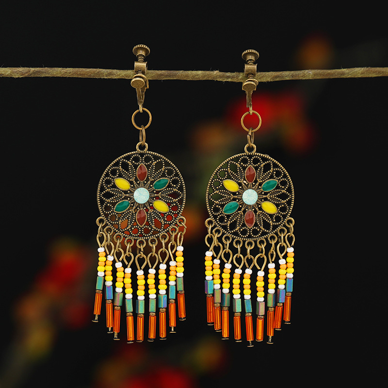 螺旋无痛耳夹女民族风复古长款流苏耳坠波西米亚耳环无耳洞耳饰品详情12